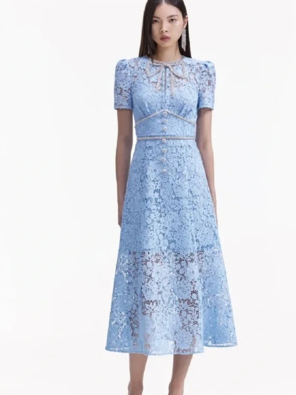 Self-Portrait Blue Cord Lace Bow Midi Dress     Size 0 Wedding Guest Cocktail